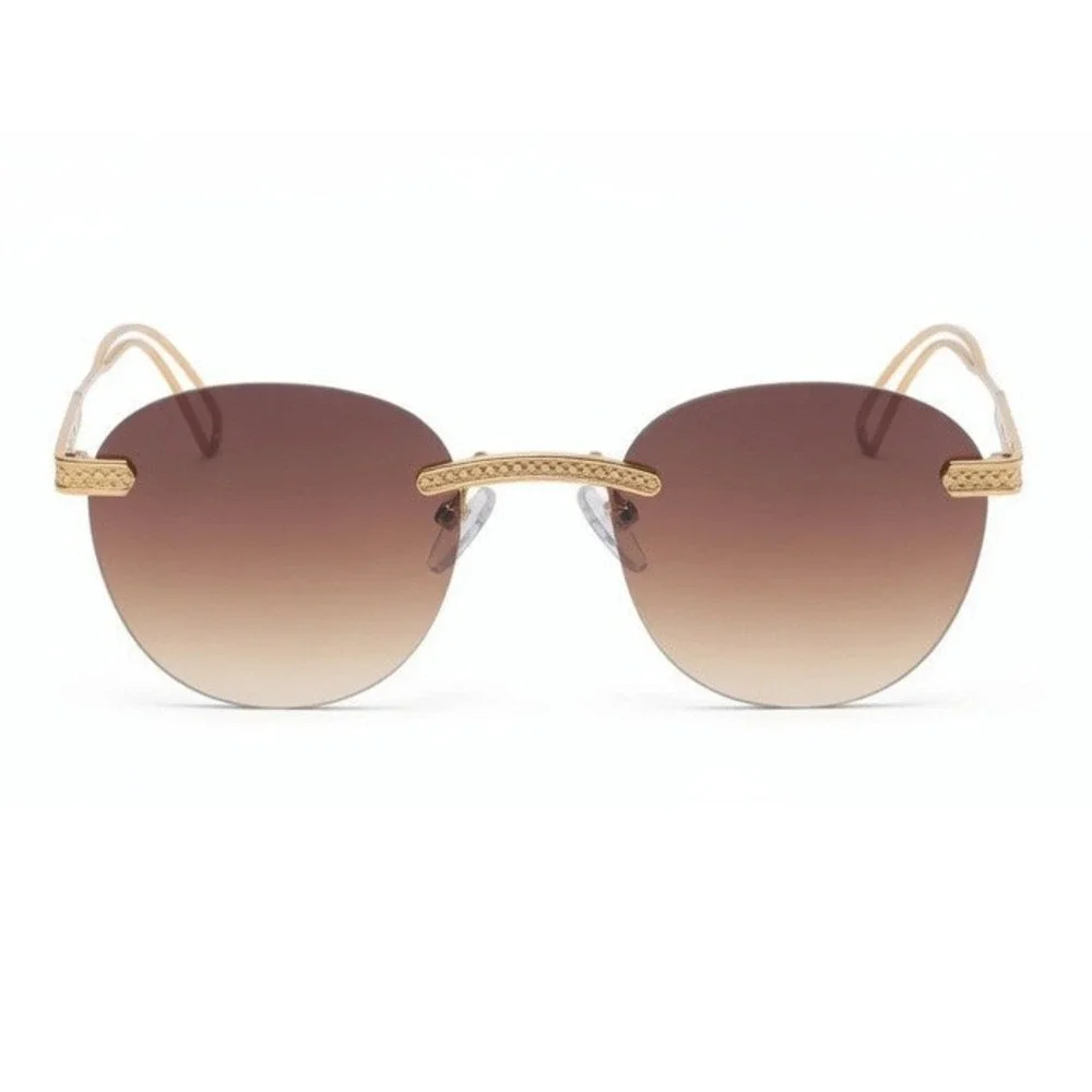 Fashion Mens Rimless Round Gold Sunglasses Brown Lens UV400 Sun Protection Gafas